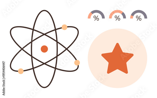 Science, education, research, progress, data analysis, visualization. Atomic structure with orbiting electrons, progress bars and a star symbol. Science and progress visualization concept