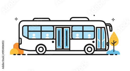 City bus illustration in a clean line art style with passengers inside, traveling past simple trees and bushes.