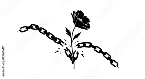 silhouette of a delicate flower breaking through heavy steel chains representing freedom and strength