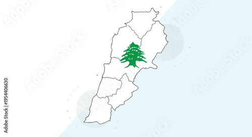 Outlined map of Lebanon with provincial borders and a green cedar tree symbol in the center.