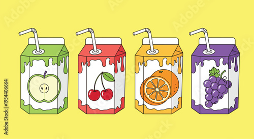 Four colorful juice boxes with apple, cherry, orange, and grape flavors, presented on a bright yellow background.