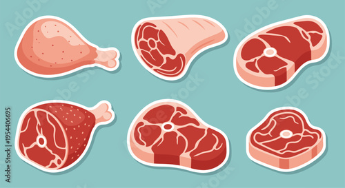 Set of various meat cut stickers including chicken drumstick, steak, and ham on a blue background for food lovers.
