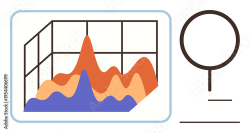 Business analytics, data research, statistics, financial analysis, market trends, information visualization. Graph with peaks and magnifying glass. Business analytics and data research concept