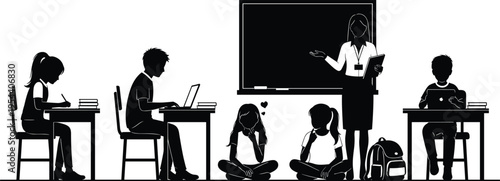 Black and white of a teacher and students in a classroom setting blackboard desks