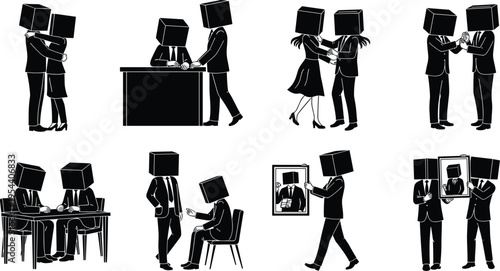 Black and white of business people with cube shaped heads interacting cube heads