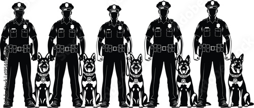 Police officer with K9 dog silhouettes set isolated on white background, law enforcement concept, security patrol, protection service, professional working dog illustration design