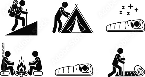 Black and white of people camping and hiking tent sleeping bag backpack