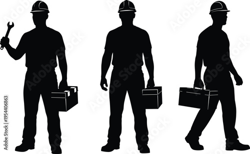 Construction worker silhouettes with tools and toolbox isolated on white background, industrial labor concept, technician service, maintenance work, professional repair illustration design