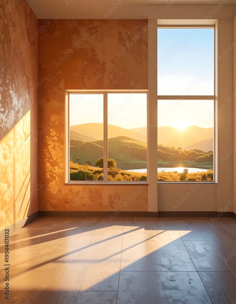 Fototapeta premium A serene empty room with a view of a sunset over mountains