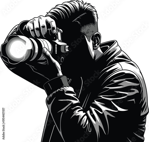 Photographer silhouette with camera taking photo isolated on white background, professional photography concept, creative artist, modern media, equipment, studio shooting illustration design