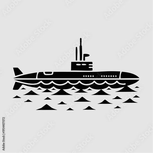 black silhouette submarine vector illustration with waves and sea moun