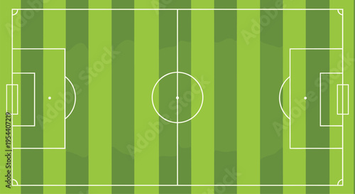 Top view of a green soccer field with white markings for football games, sports events, stadium planning, and athletic training sessions.