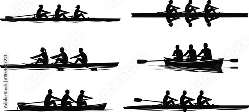 Black silhouettes of people rowing in different boats on water
