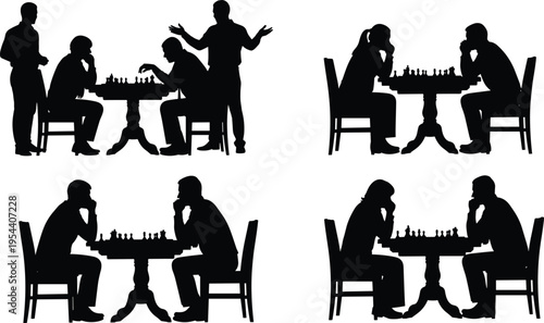 Black silhouettes of people playing chess games
