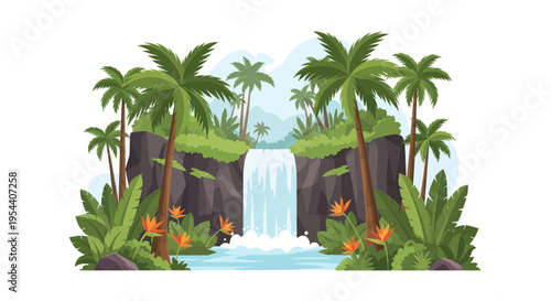 Tropical Waterfall Paradise: Lush Jungle, Palm Trees, Exotic Flowers, Scenic Landscape