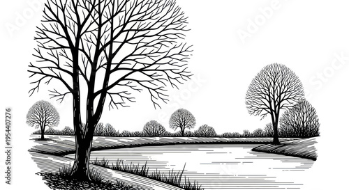 Winter Landscape Drawing: Bare Trees, River, and Rural Scenery