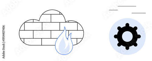 Cybersecurity concept. Cybersecurity by a cloud firewall and gear for network protection. Cybersecurity ensures data security and smooth operation. For IT systems, networks, data, protection