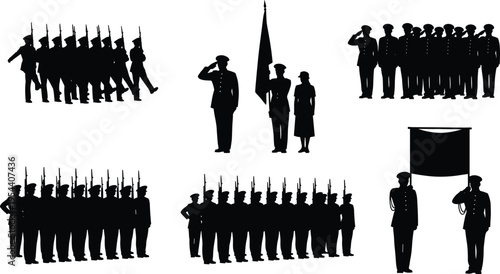 Black silhouettes of soldiers marching and saluting in various formations military