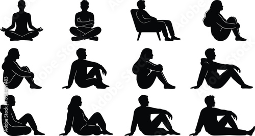 Collection of sitting people silhouettes featuring men and women in various relaxed poses meditating sitting on chairs and floor for lifestyle vector