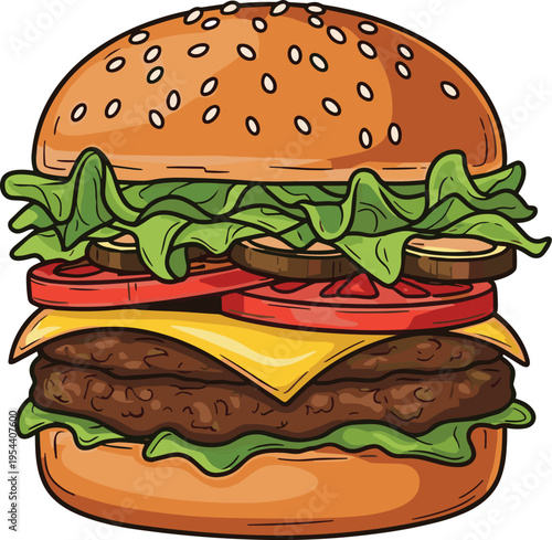 Cartoon double cheeseburger with lettuce tomato pickles and sesame seed bun hamburger