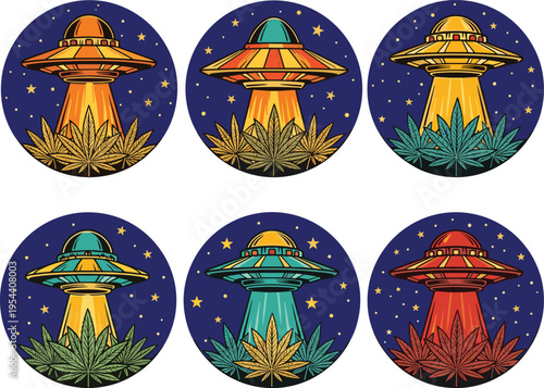 Colorful U F Os with leaves against starry night sky spaceship alien stars