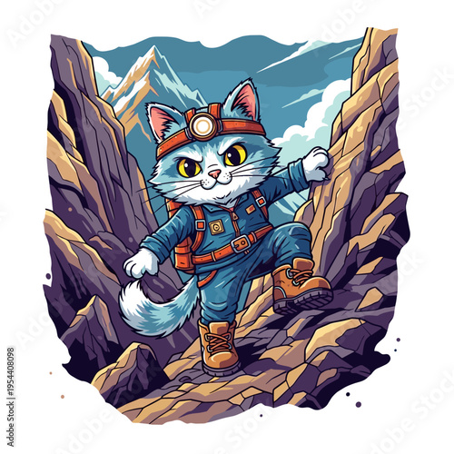 Cute Cartoon Cat Mountain Climber Hiking Adventure Illustration