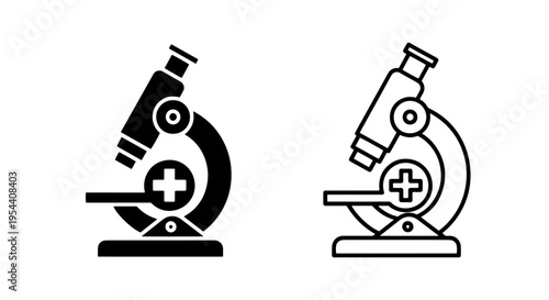 Microscope icon with plus symbol, black and white