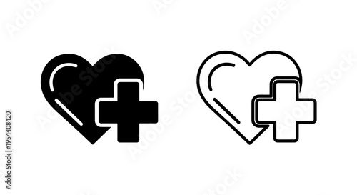Heart health icon with plus symbol, black and white, first aid