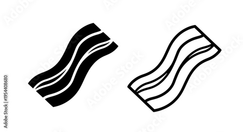 Bacon strips icons: black silhouette and outline, food graphic