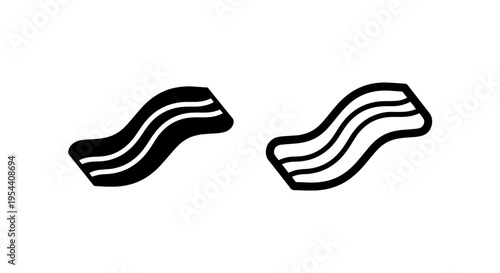Bacon strip icons: angled silhouette and outline, food graphic