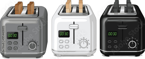 Set of modern electric toasters in grey white and black colors with bread slices and digital timers isolated on white background for kitchen appliance design