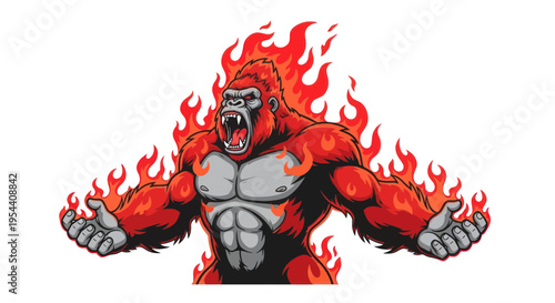 Furious Gorilla on Fire, Aggressive Primate with Flames