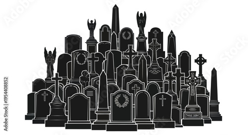Graveyard Silhouette: Collection of Tombstones, Crosses, and Angel Statues on White Background