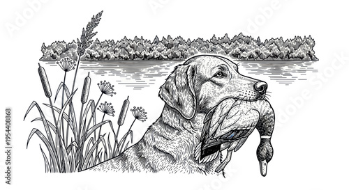 Labrador Retriever Dog with Duck in Mouth, Waterfowl Hunting Scene, Sketch Style