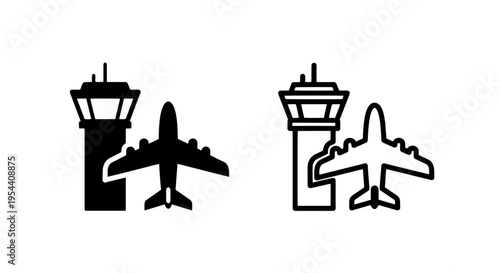Airport control tower and airplane icons: silhouette and outline with air traffic