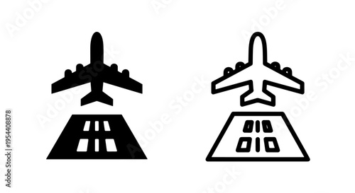 Airplane landing on runway icons: black solid and outline