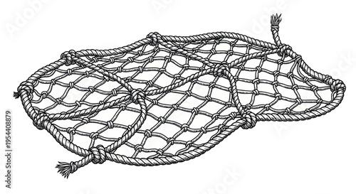 Handmade Nautical Net with Knots and Rope Edges, Isolated on White Background
