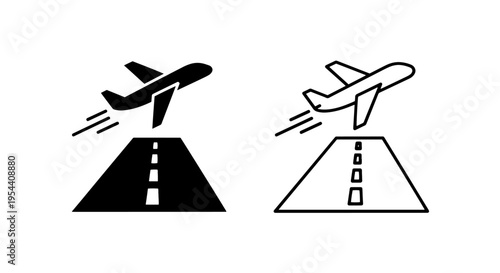 Airplane launching from runway icons: black and white styles