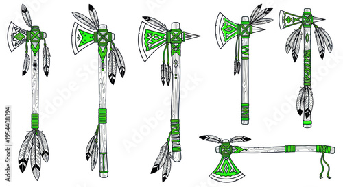 Native American Tomahawk Axe Collection with Feathers - Hand-Drawn Style