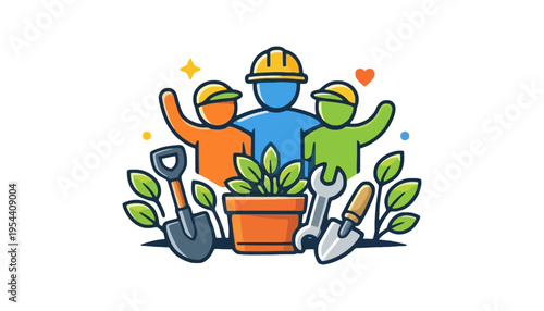 A group of workers wearing hard hats standing around a potted plant