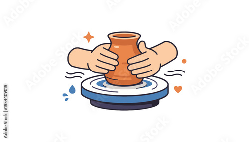 Pottery wheel with hands shaping a clay vase on a spinning wheel