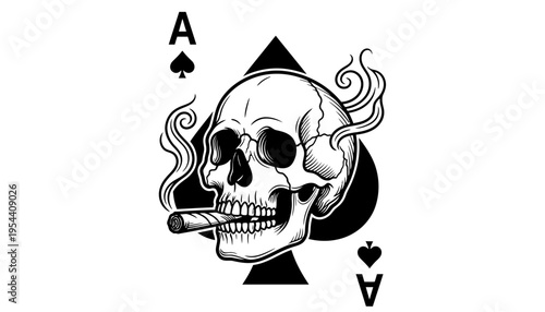 A skull icon smoking a cigar on an ace of spades card