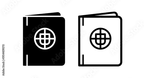 Passport icon: black and white silhouette and outline symbol for travel and id