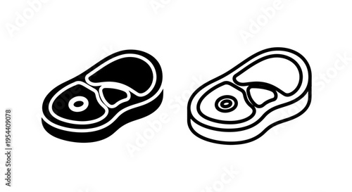 Raw steak icon duo: solid black and outline, isolated food graphics