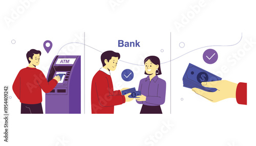 Bank illustration showing people using ATM and transferring money