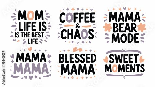 Set of six hand drawn pastel colored lettering designs for mothers