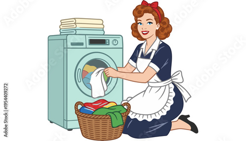 A cartoon maid putting clean laundry into a washing machine