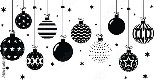 Christmas hanging ornament balls with stars decorative holiday baubles silhouette vector illustration set for festive winter decoration design