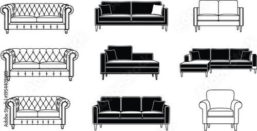 Classic and modern sofa furniture silhouettes set including couch armchair chaise lounge sectional seating icons vector illustration collection