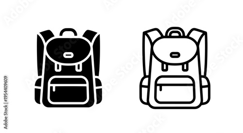 Backpack silhouette and outline icons, travel gear graphics